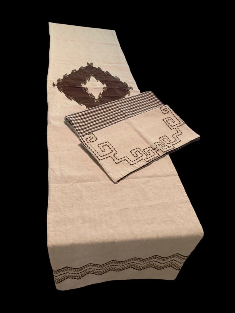 Embroidered Linen Cotton Table Runner 6 Napkins Ponderosa Brown Gingham 2 Sided